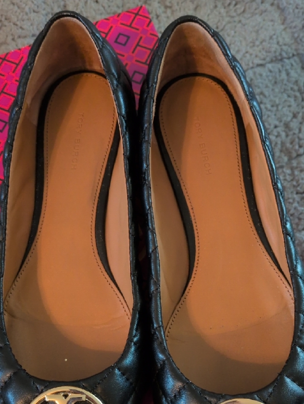Tory Burch Black Quilted Leather Logo Ballet Flats with Gold Emblem - Picture 4 of 12
